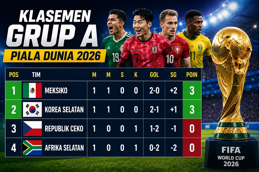 Update klasemen Grup A Piala Dunia 2026 setelah Meksiko dan Korea Selatan menang pada laga pembuka. Simak posisi terbaru dan peluang lolos.