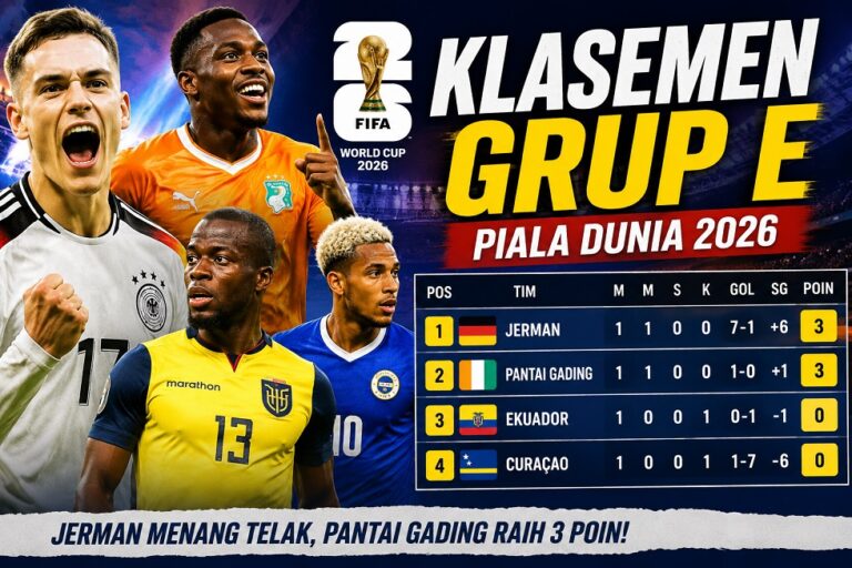 Update klasemen Grup E Piala Dunia 2026 setelah Jerman menang besar atas Curaçao dan Pantai Gading menaklukkan Ekuador.