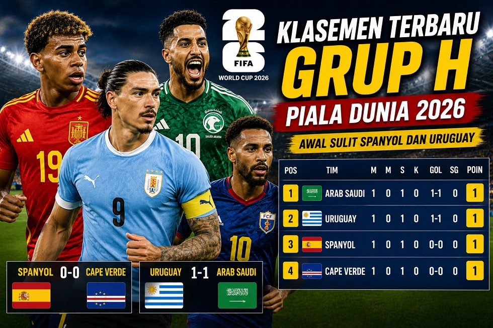 Update klasemen Grup H Piala Dunia 2026 setelah Spanyol ditahan Cape Verde dan Uruguay bermain imbang melawan Arab Saudi.