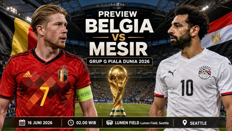 Preview Belgia vs Mesir di Piala Dunia 2026, lengkap dengan performa terbaru, head to head, prediksi line-up, dan player to watch.