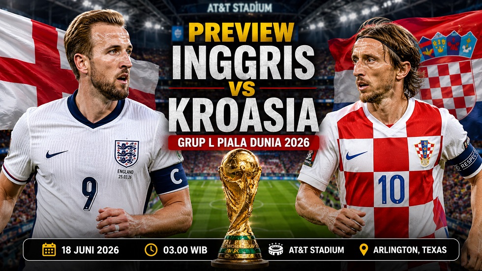 Preview Inggris vs Kroasia di Grup L Piala Dunia 2026, lengkap prediksi susunan pemain, H2H, performa terakhir, dan player to watch.